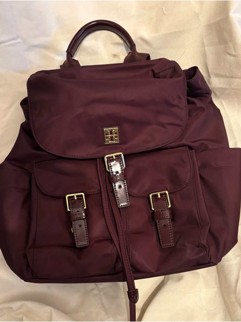 Tory Burch Burgundy Nylon Backpack with Gold Hardware